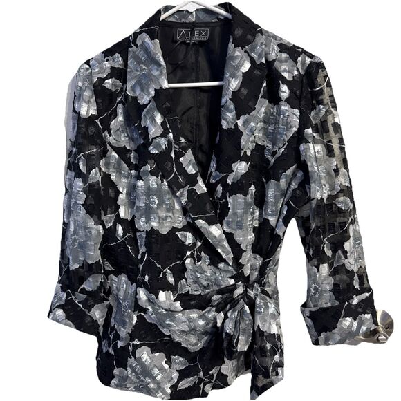 Alex Evenings Floral Faux Wrap Jacket Top Black Silver Portrait Collar No  Size - Picture 1 of 6